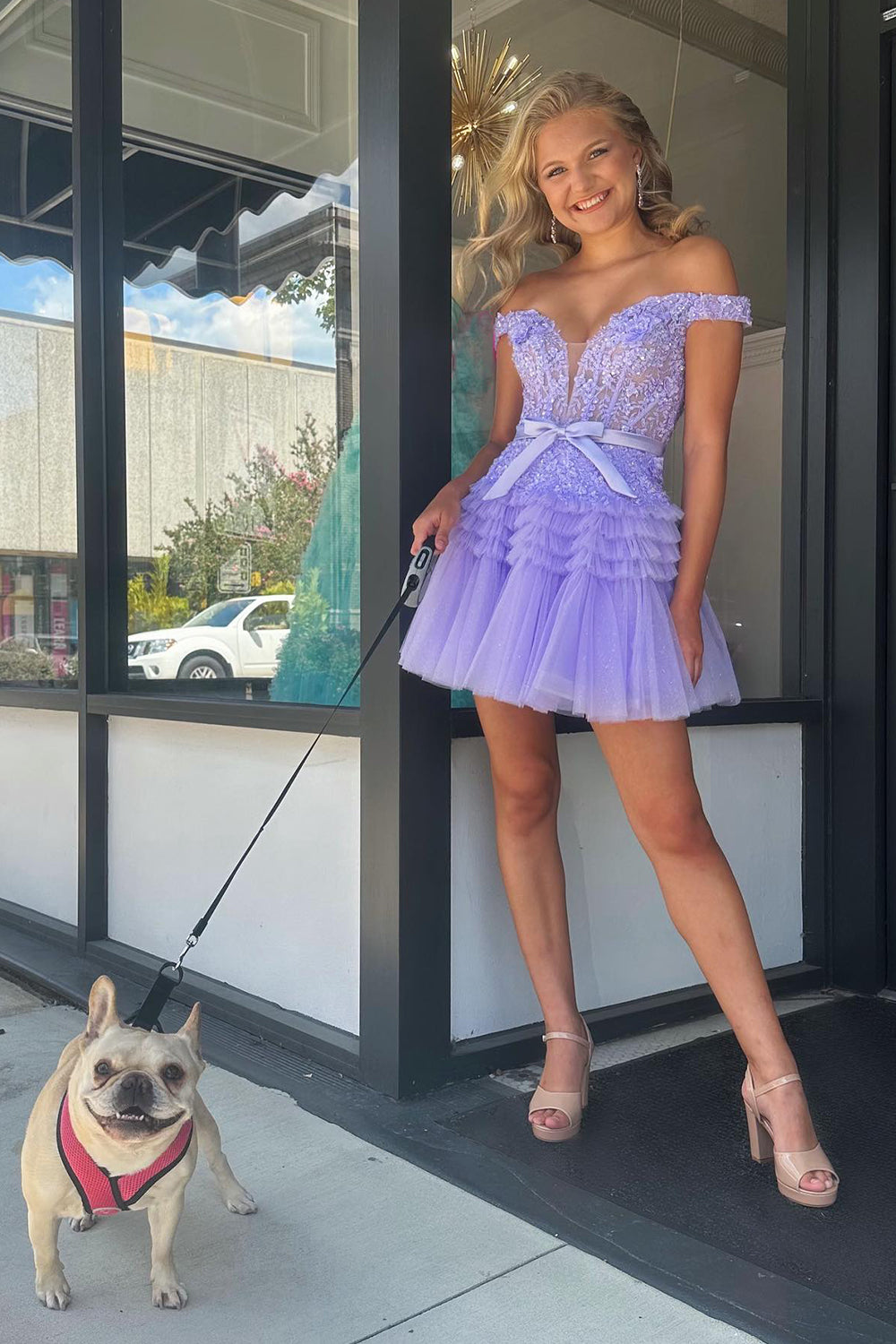Misshow Glitter Fuchsia Tiered A-Line Tulle Corset Short Homecoming Dress/Mini Dress with Lace
