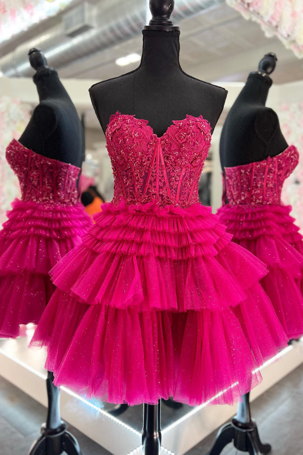 Misshow Glitter Lavender Corset Tiered Short A-Line Tulle Homecoming Dress/Mini Dress with Lace