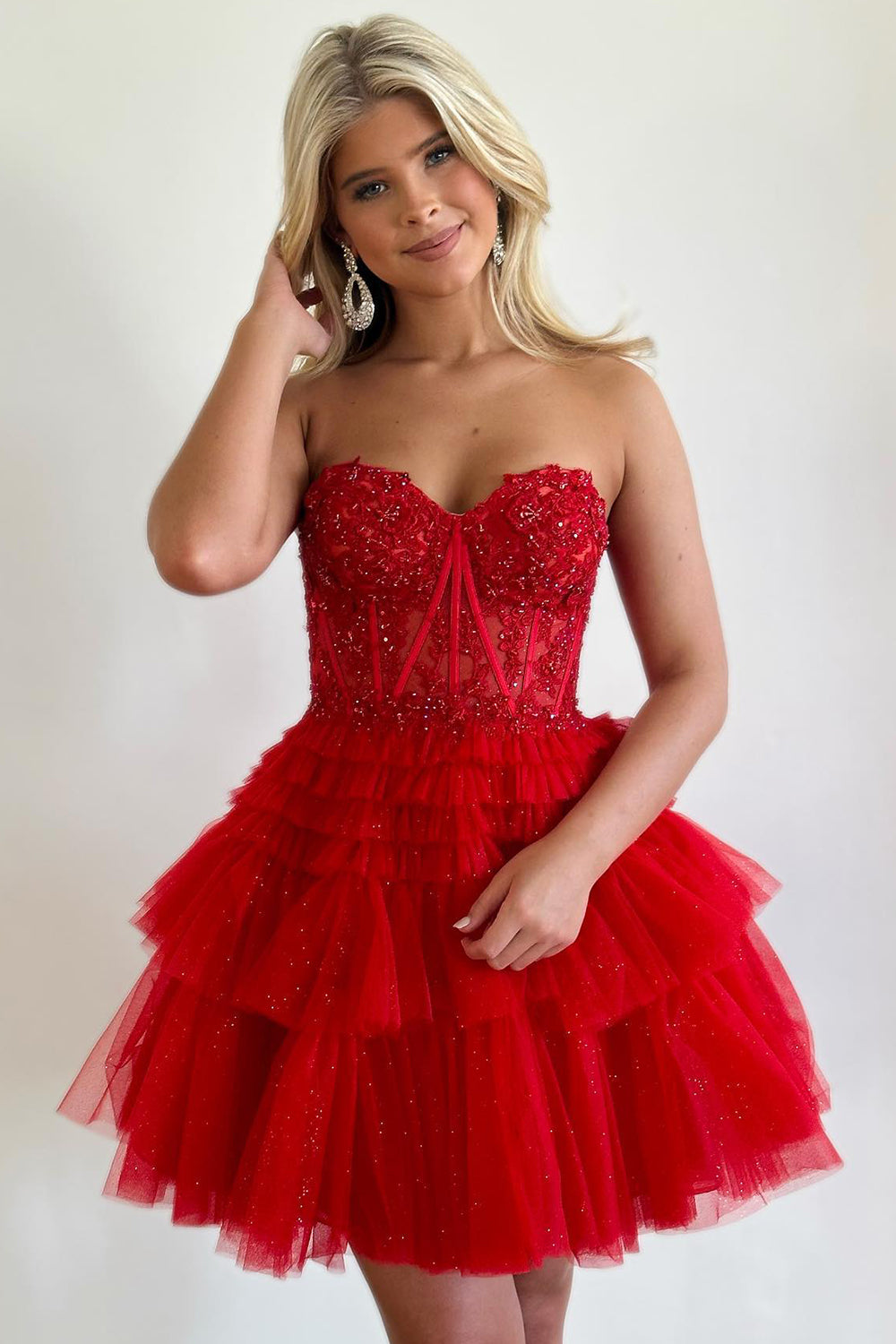 Misshow Glitter Lavender Corset Tiered Short A-Line Tulle Homecoming Dress/Mini Dress with Lace