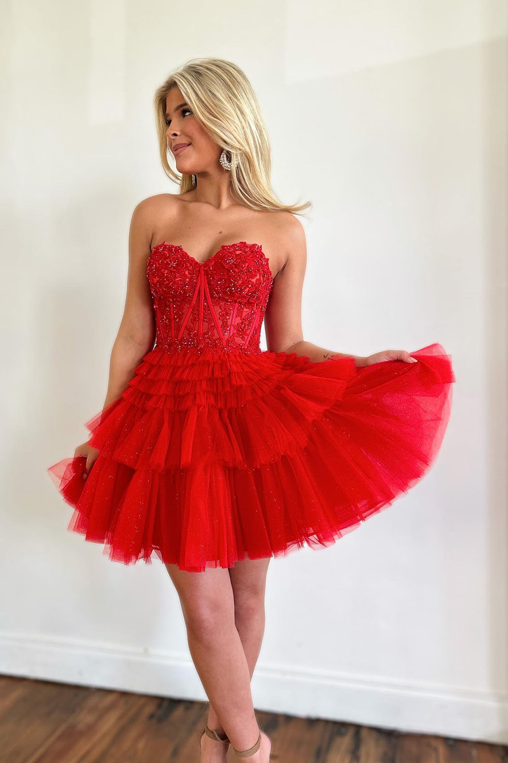 Misshow Glitter Lavender Corset Tiered Short A-Line Tulle Homecoming Dress/Mini Dress with Lace