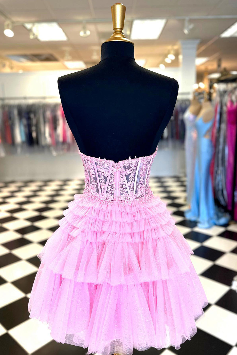 Misshow Glitter Lavender Corset Tiered Short A-Line Tulle Homecoming Dress/Mini Dress with Lace