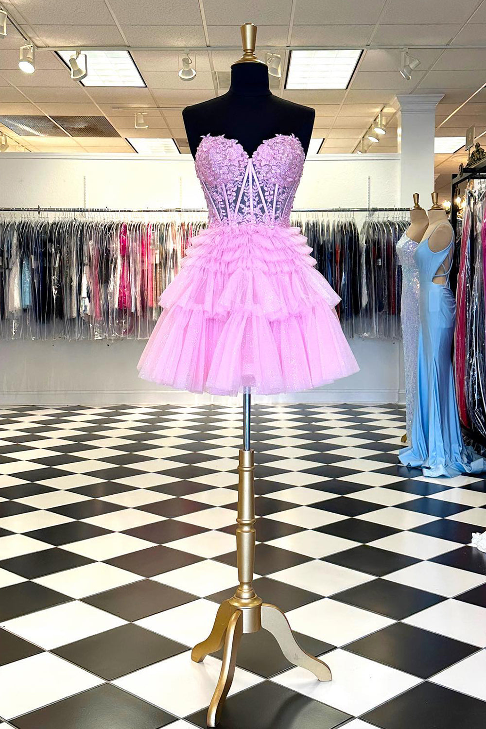 Misshow Glitter Lavender Corset Tiered Short A-Line Tulle Homecoming Dress/Mini Dress with Lace