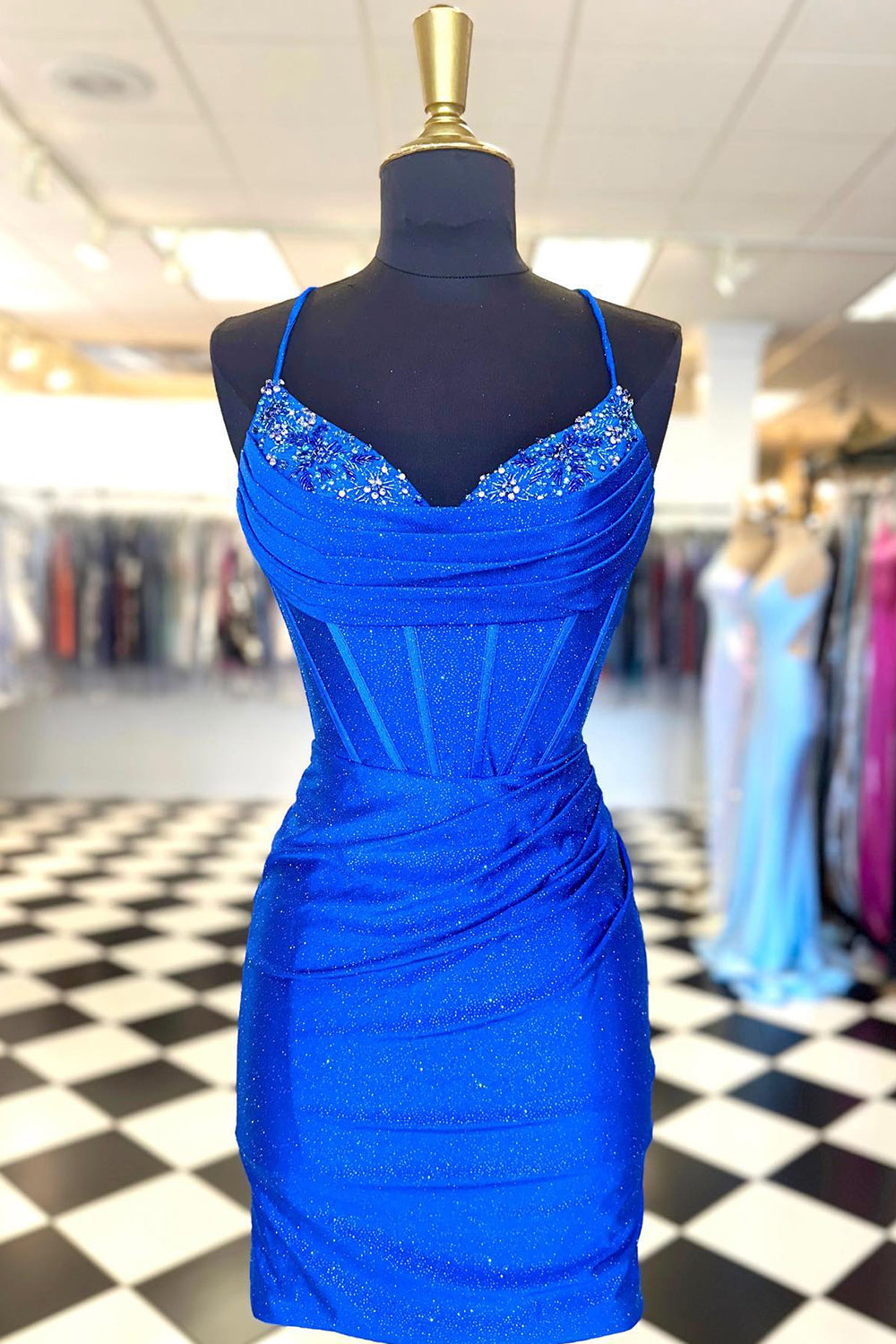 Misshow Glitter Navy Beaded Corset Lace-Up Back Tight Short Homecoming Dress/Mini Dress
