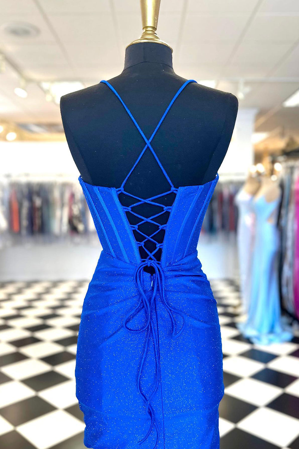 Misshow Glitter Navy Beaded Corset Lace-Up Back Tight Short Homecoming Dress/Mini Dress