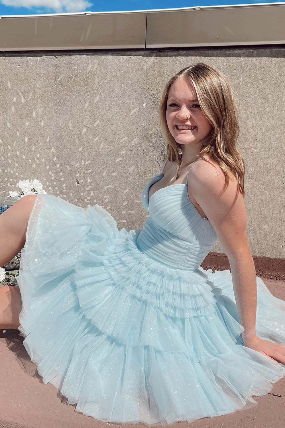 Misshow Glitter Navy Tiered Spaghetti Straps Short Homecoming Dress/Mini Dress