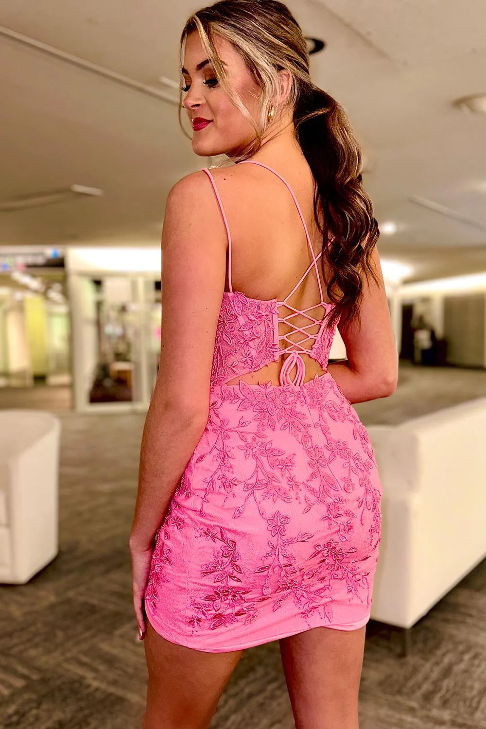Misshow Glitter Pink Corset Lace Tight Short Homecoming Dress/Mini Dress
