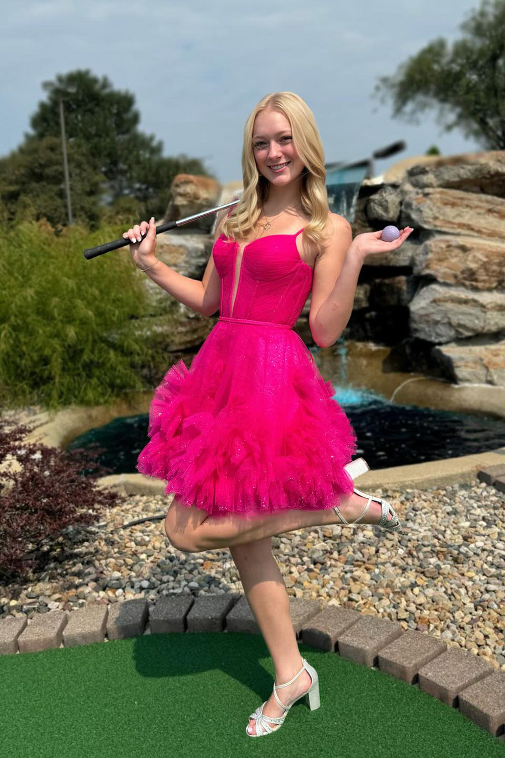 Misshow Glitter Pink Corset Tulle A-Line Tulle Short Homecoming Dress/Mini Dress With Pocket
