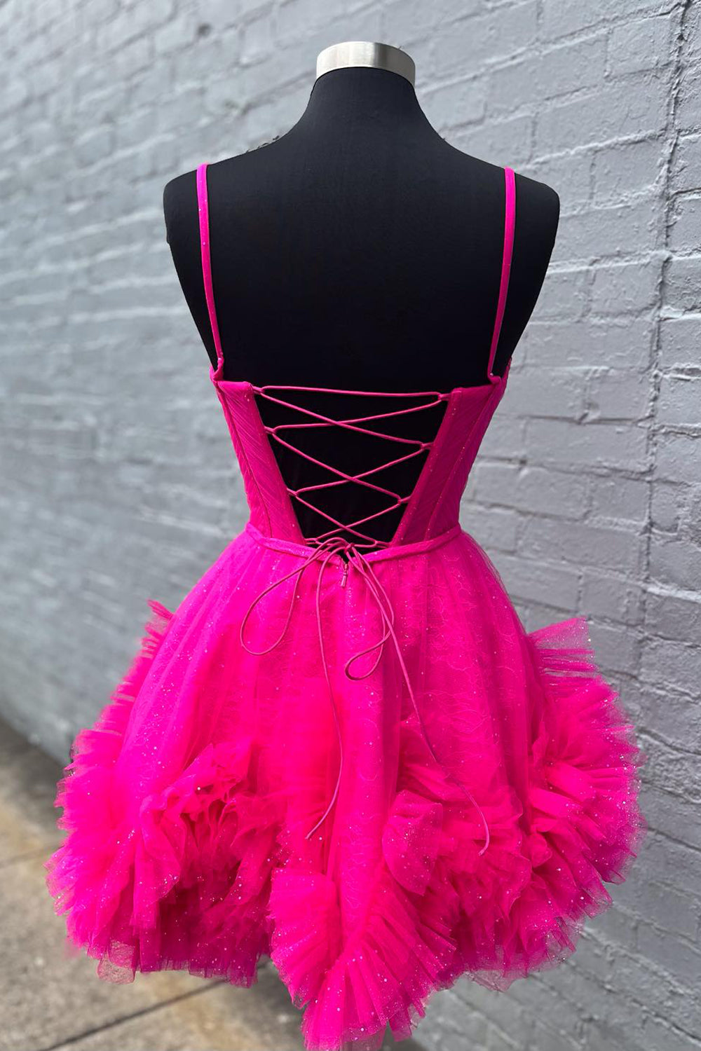 Misshow Glitter Pink Corset Tulle A-Line Tulle Short Homecoming Dress/Mini Dress With Pocket