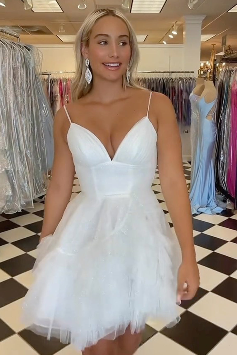 Misshow Glitter Pink Tulle A-Line Short Homecoming Dress/Mini Dress with Ruffles