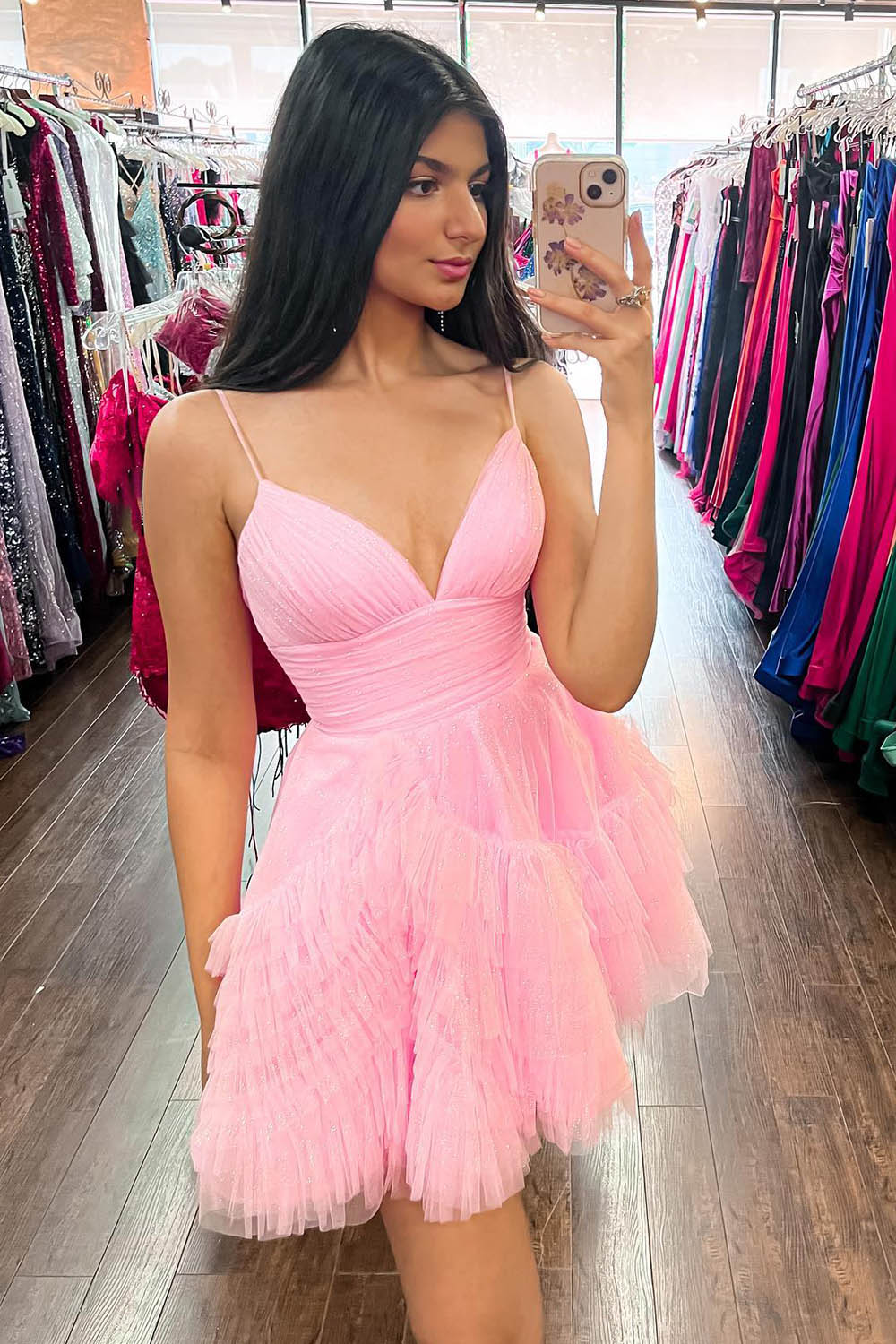Misshow Glitter Pink Tulle A-Line Short Ruffled Homecoming Dress/Mini Dress