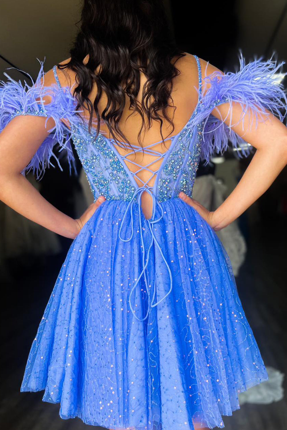 Misshow Glitter Red A-Line Sequins Tulle Short Homecoming Dress/Mini Dress with Feathers