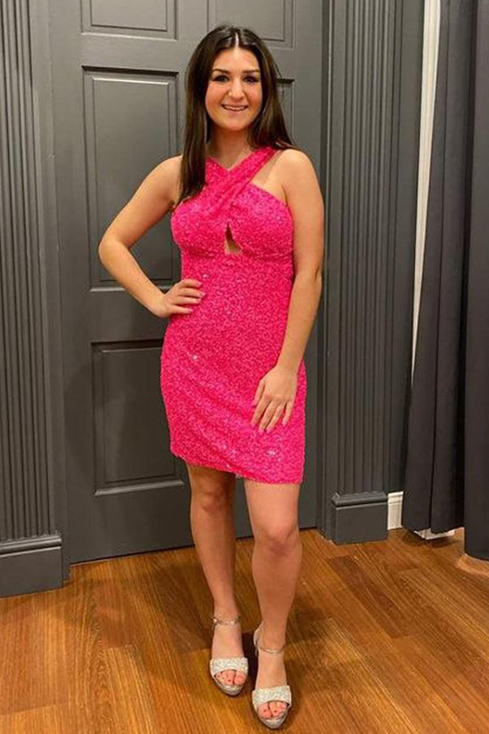 Misshow Glitter Royal Blue Halter Backless Sequins Tight Homecoming Dress/Mini Dress