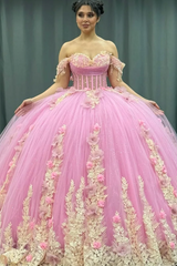 Misshow Gold Beaded Off-Shoulder Ball Gown with Detachable Ruffles & 3D Floral Appliques Sparkling Pink Tulle Quinceanera & Formal Party Dress