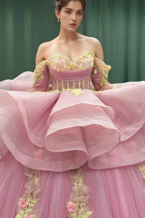 Misshow Gold Beaded Off-Shoulder Ball Gown with Detachable Ruffles & 3D Floral Appliques Sparkling Pink Tulle Quinceanera & Formal Party Dress