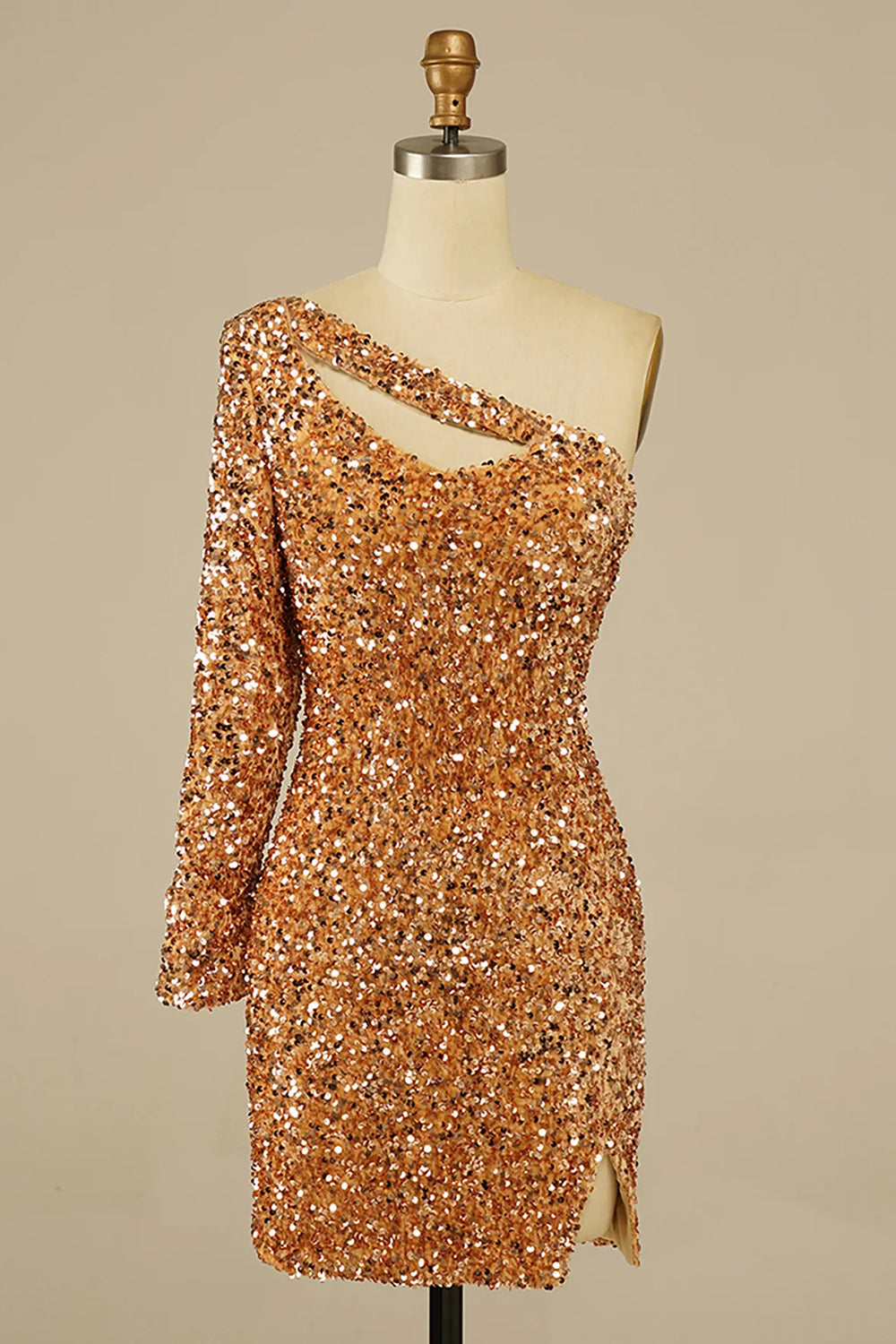 Misshow Golden Cut Out Open Back One Shoulder Sequins Homecoming Dress/Mini Dress