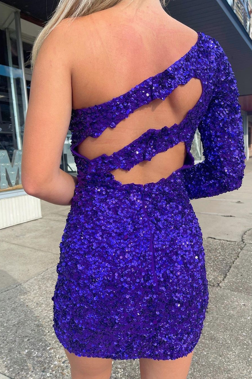Misshow Golden Cut Out Open Back One Shoulder Sequins Homecoming Dress/Mini Dress