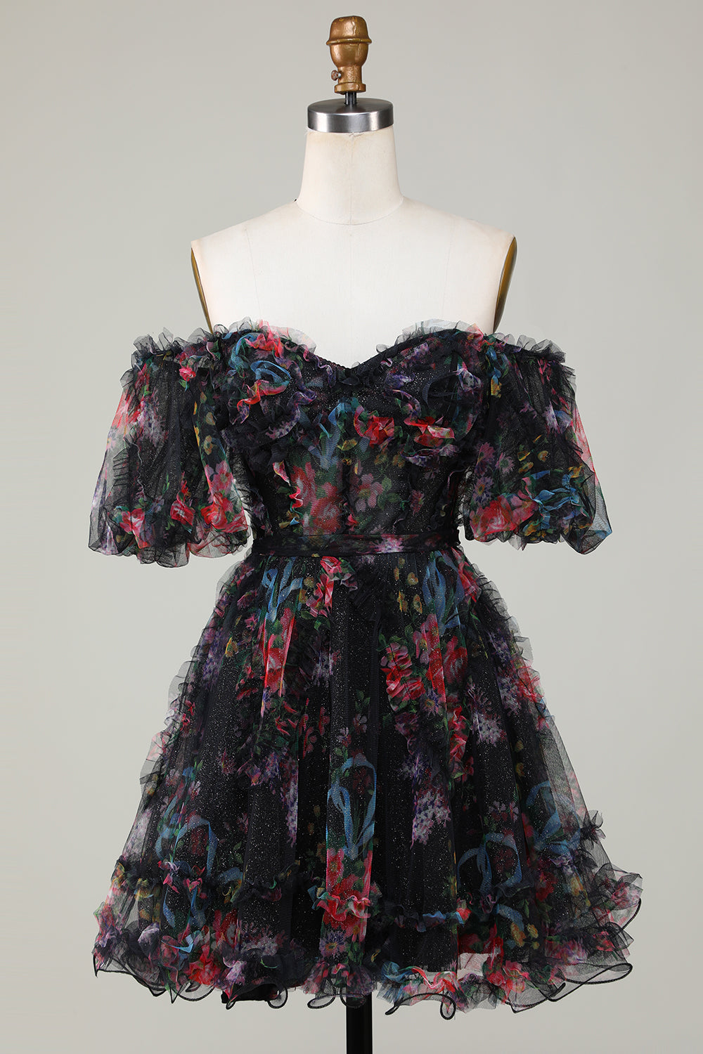 Misshow Green Off the Shoulder Printed Tiered A Line Short Homecoming Dress/Mini Dress