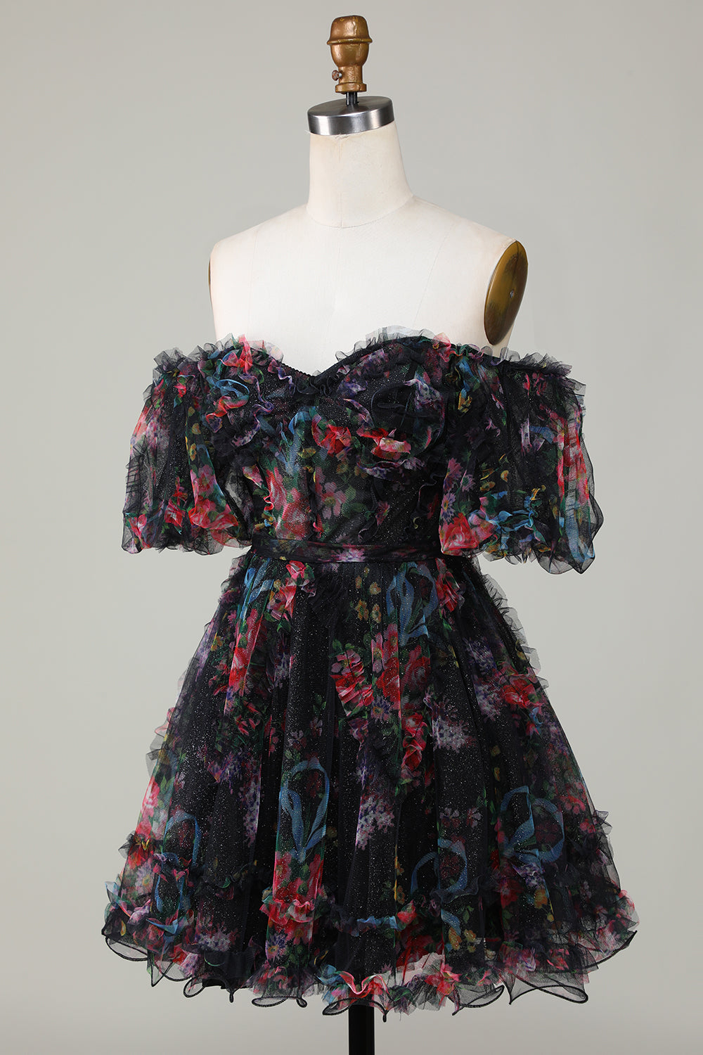 Misshow Green Off the Shoulder Printed Tiered A Line Short Homecoming Dress/Mini Dress