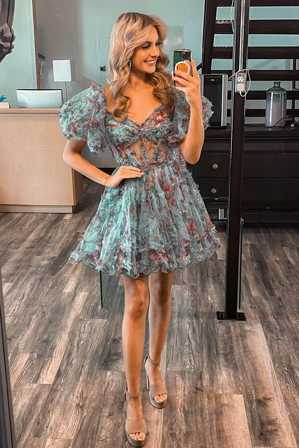 Misshow Green Off the Shoulder Printed Tiered A Line Short Homecoming Dress/Mini Dress