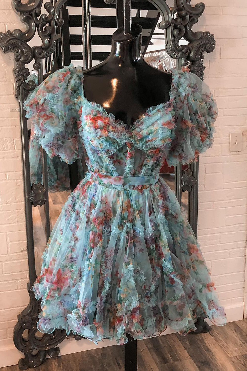 Misshow Green Off the Shoulder Printed Tiered A Line Short Homecoming Dress/Mini Dress