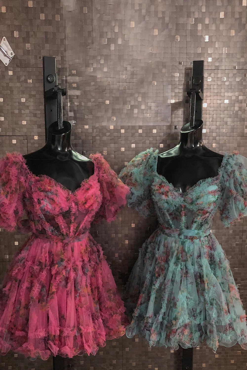 Misshow Green Off the Shoulder Printed Tiered A Line Short Homecoming Dress/Mini Dress