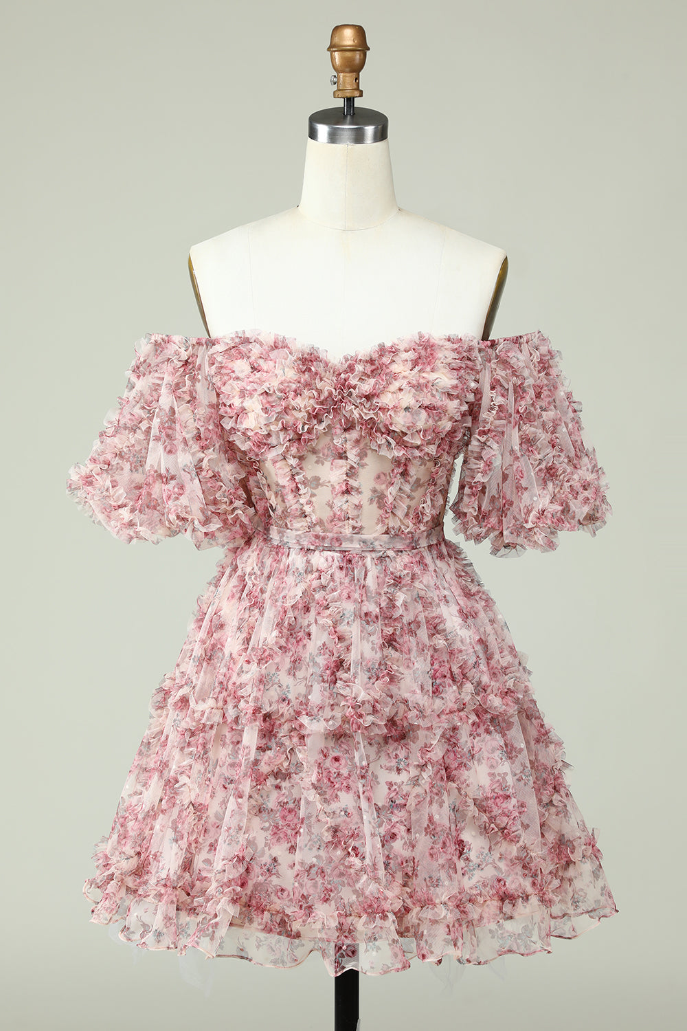 Misshow Green Off the Shoulder Printed Tiered A Line Short Homecoming Dress/Mini Dress