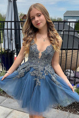 Misshow Grey Blue A Line Spaghetti Straps Light Purple Short Homecoming Dress/Mini Dress with Appliques