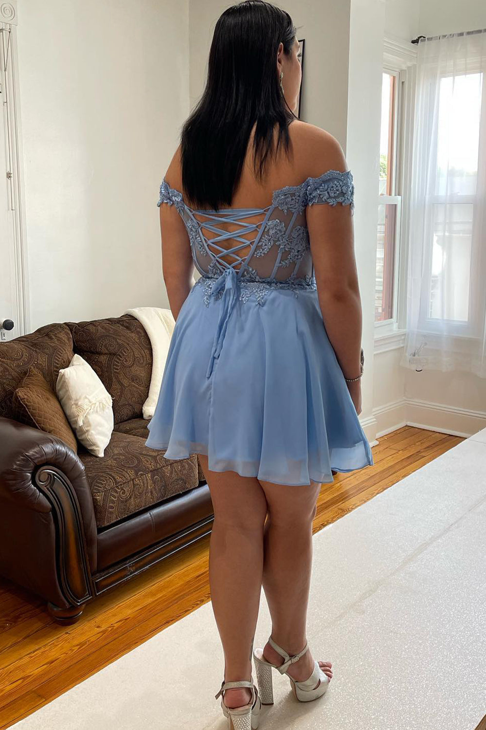 Misshow Grey Blue Corset A-Line Chiffon Short Homecoming Dress/Mini Dress with Lace