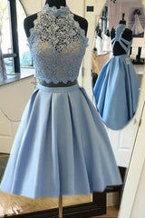Misshow Halter Lace Blue Homecoming Dress/Mini Dress