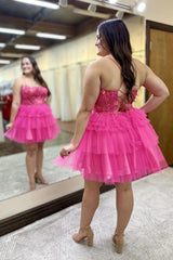 Misshow Hot Pink A Line Spaghetti Straps Corset Short Homecoming Dress/Mini Dress