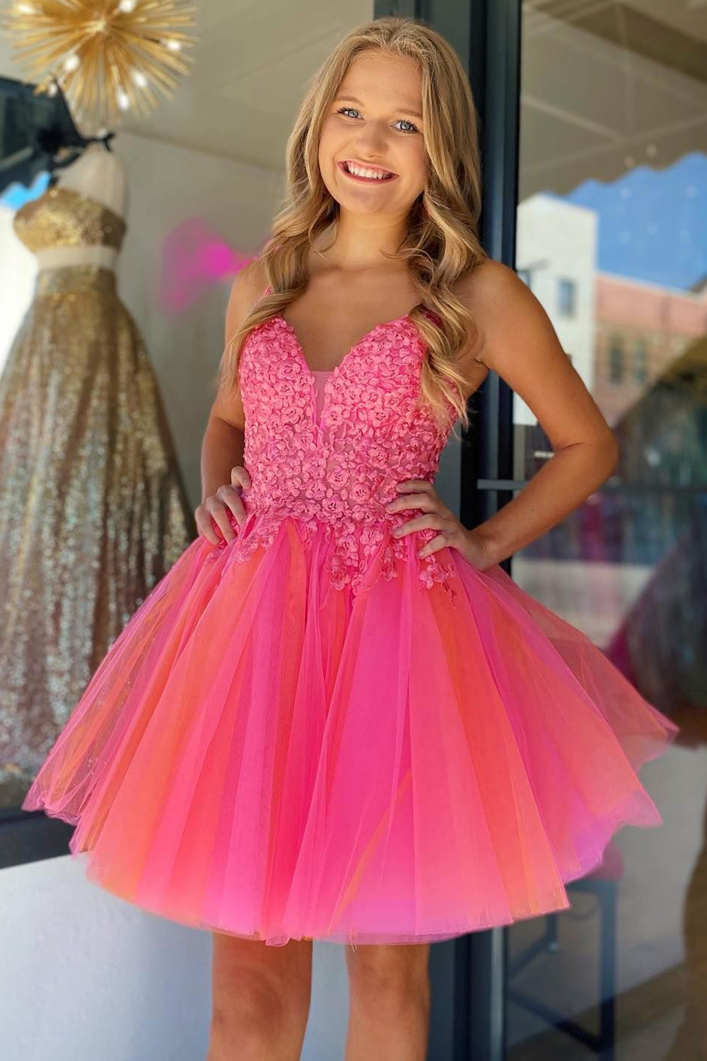 Misshow Hot Pink A-Line Tulle Short Homecoming Dress/Mini Dress with Lace