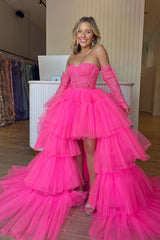 Misshow Hot Pink High Low Detachable Sleeves Corset Homecoming Dress/Mini Dress with Lace