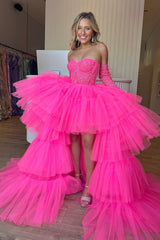 Misshow Hot Pink High Low Detachable Sleeves Corset Homecoming Dress/Mini Dress with Lace