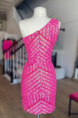 Misshow Hot Pink One Shoulder Sequins Tight Short Homecoming Dress/Mini Dress