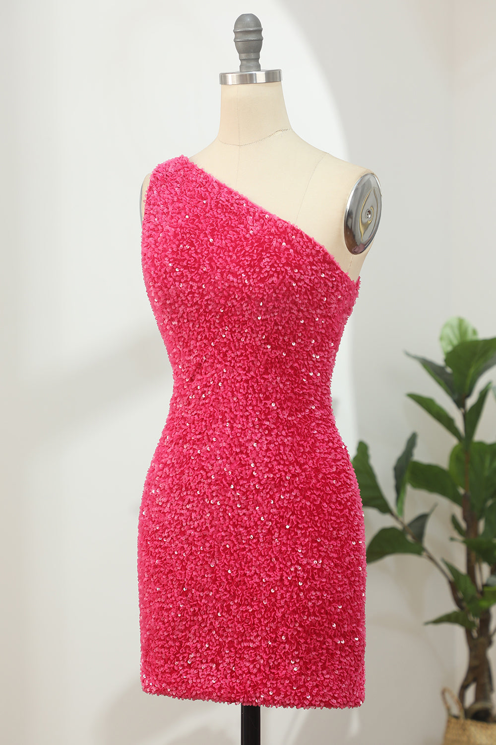 Misshow Hot Pink Open Sequins One Shoulder Tight Homecoming Dress/Mini Dress