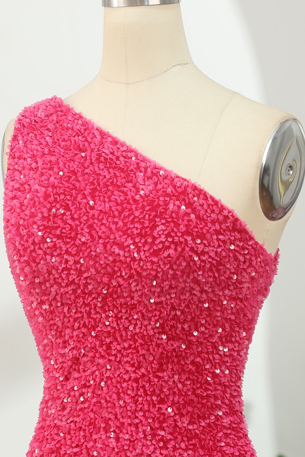 Misshow Hot Pink Open Sequins One Shoulder Tight Homecoming Dress/Mini Dress