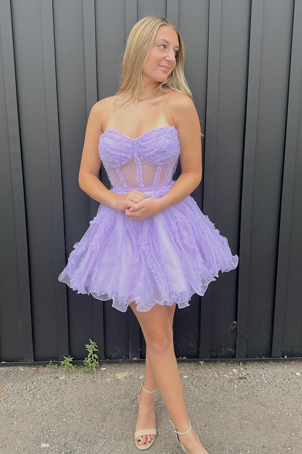 Misshow Lavender Corset Sweetheart A-Line Short Tulle Homecoming Dress/Mini Dress