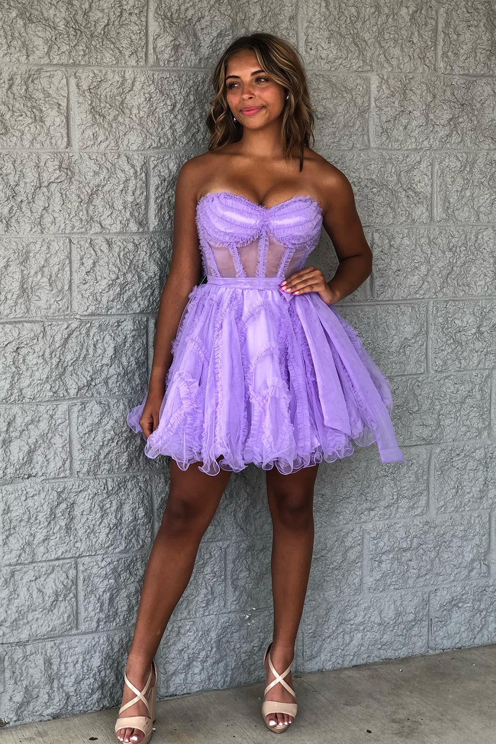 Misshow Lavender Corset Sweetheart A-Line Short Tulle Homecoming Dress/Mini Dress