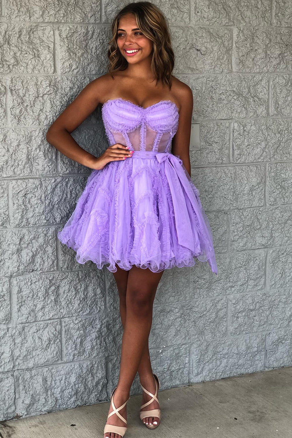 Misshow Lavender Corset Sweetheart A-Line Short Tulle Homecoming Dress/Mini Dress