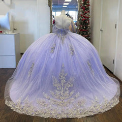 Misshow Lavender Off-Shoulder Ball Gown with Lace Appliques & Beaded Sparkle Quinceanera or Sweet 16 Evening Dress