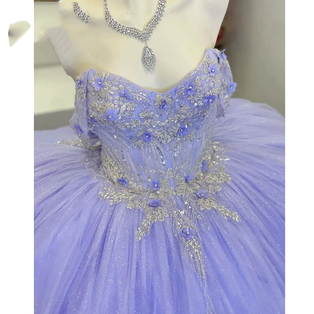 Misshow Lavender Off-Shoulder Ball Gown with Lace Appliques & Beaded Sparkle Quinceanera or Sweet 16 Evening Dress