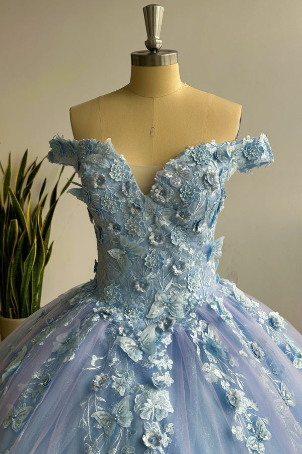 Misshow Lavender Quinceanera Dress Off-Shoulder Ball Gown with 3D Butterfly Lace Appliques & Lace-Up Corset