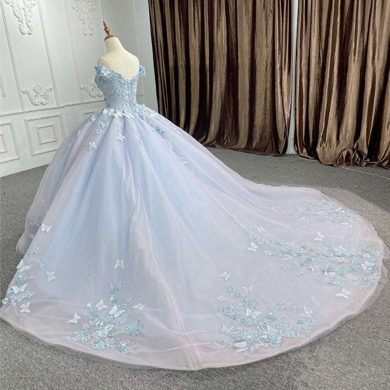 Misshow Lavender Quinceanera Dress Off-Shoulder Ball Gown with 3D Butterfly Lace Appliques & Lace-Up Corset