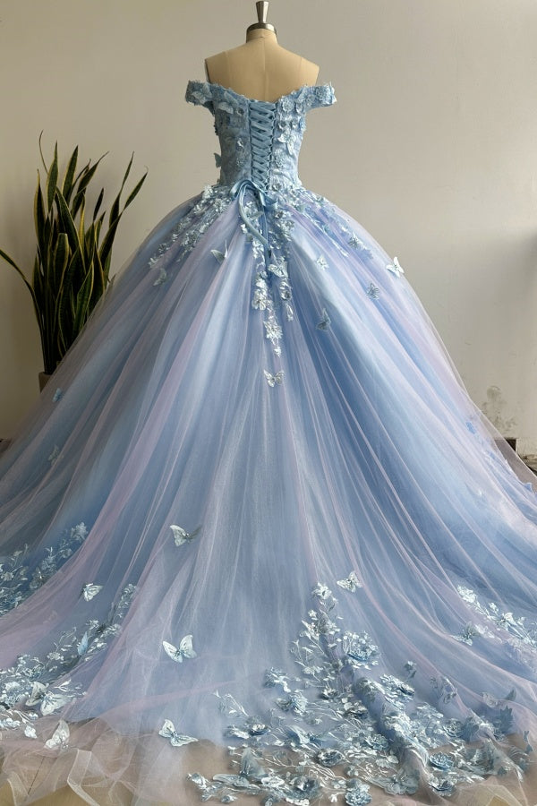 Misshow Lavender Quinceanera Dress Off-Shoulder Ball Gown with 3D Butterfly Lace Appliques & Lace-Up Corset