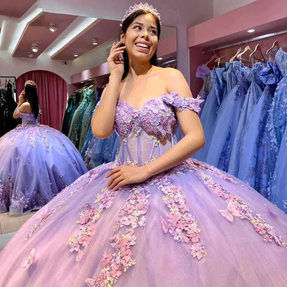 Misshow Lavender Tulle Quinceanera Dress Off-Shoulder Ball Gown with Beaded Lace & Butterfly Appliques for Sweet 16 & Princess Evening Gowns