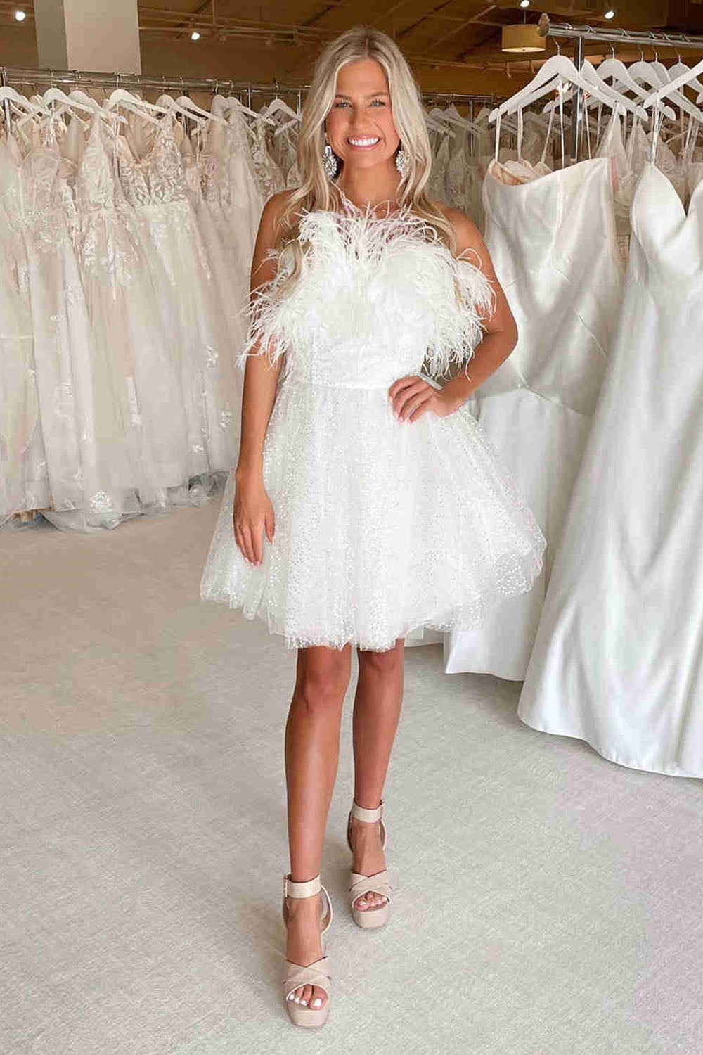 Misshow Light Blue A-Line Strapless Homecoming Dress/Mini Dress with Feathers