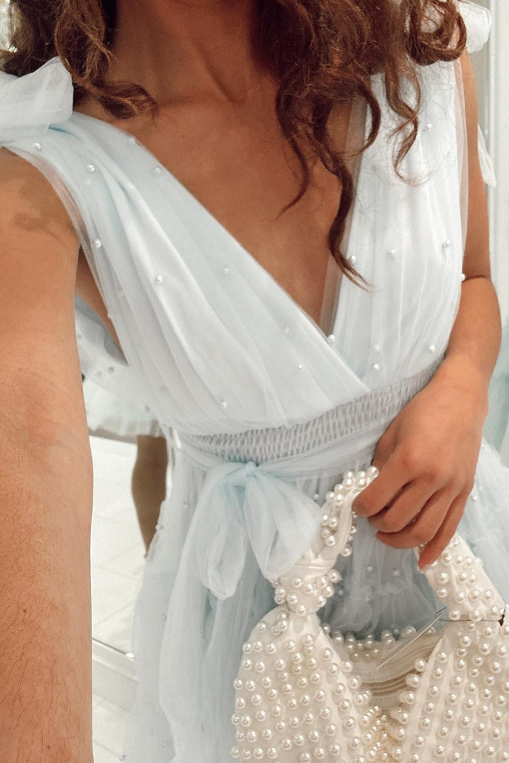 Misshow Light Blue A-Line Tulle Tiered Short Homecoming Dress/Mini Dress with Pearls