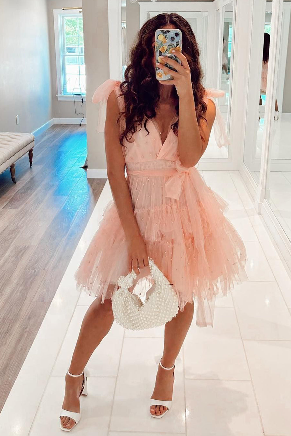 Misshow Light Blue A-Line Tulle Tiered Short Homecoming Dress/Mini Dress with Pearls