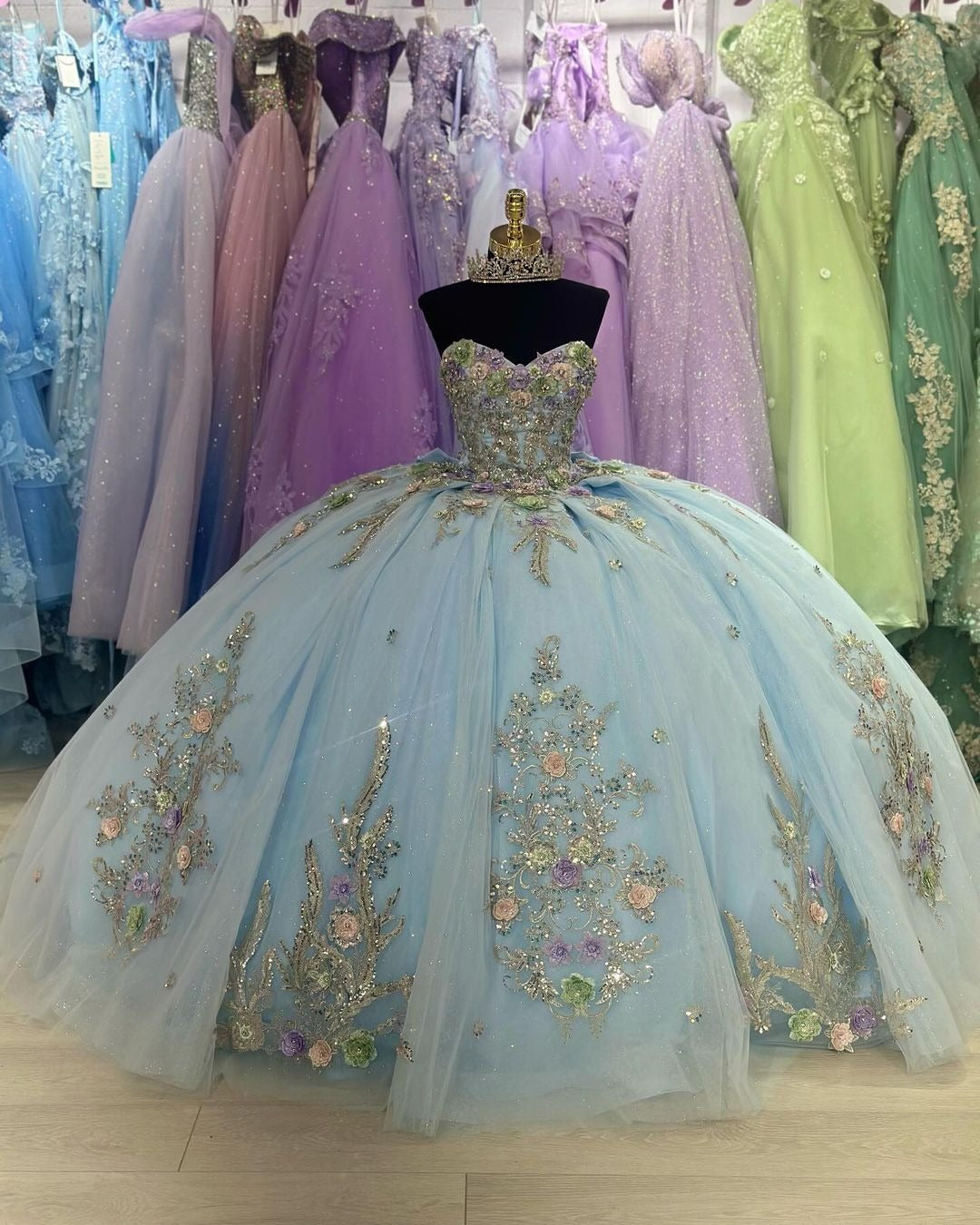 Misshow Light Blue Quinceanera Dress Strapless 3D Floral Lace Applique Ball Gown with Bow Detail for Sweet 16 & Birthday Celebrations