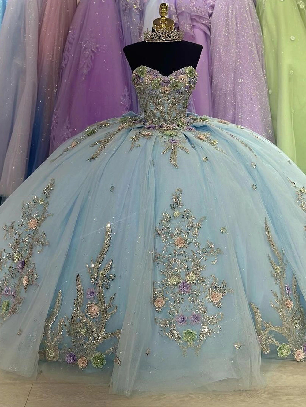 Misshow Light Blue Quinceanera Dress Strapless 3D Floral Lace Applique Ball Gown with Bow Detail for Sweet 16 & Birthday Celebrations